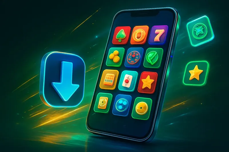 Premium Casino App Glossy smartphone casino app banner with neon download symbol and glowing tiles