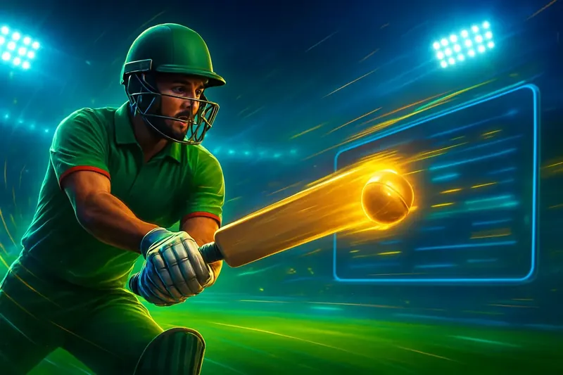 Cricket batter striking ball under stadium lights in dynamic sportsbook banner