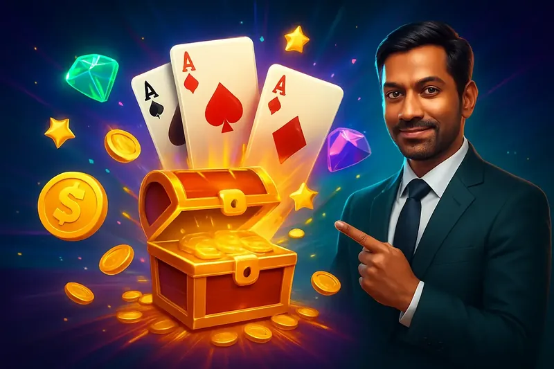 Reward Chest Burst Glowing reward chest with cards, coins, gems, and stars bursting outward
