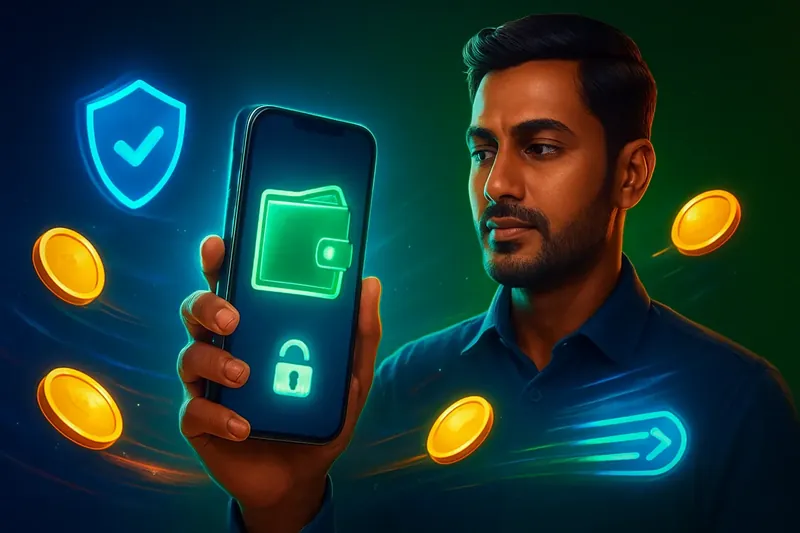 Hand holding smartphone with secure mobile wallet, coins, and speed light trails