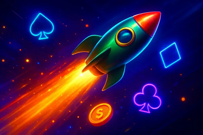 Rocket Speed Launch Glossy rocket launch casino banner with neon trail and dynamic game particles
