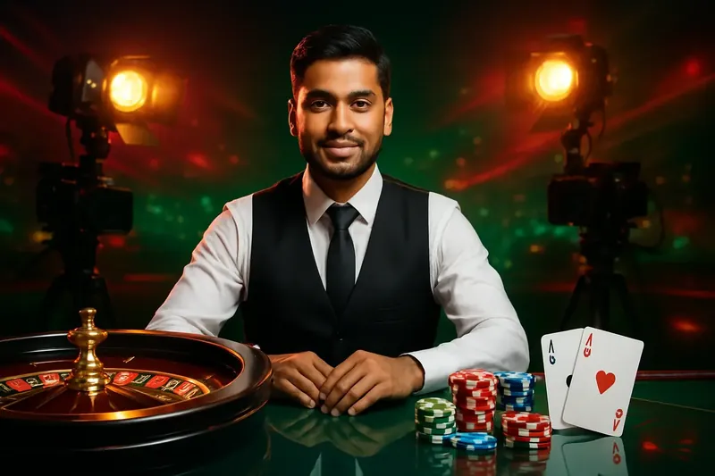 Live Dealer Banner Friendly professional live dealer with roulette, cards, chips, and studio lights