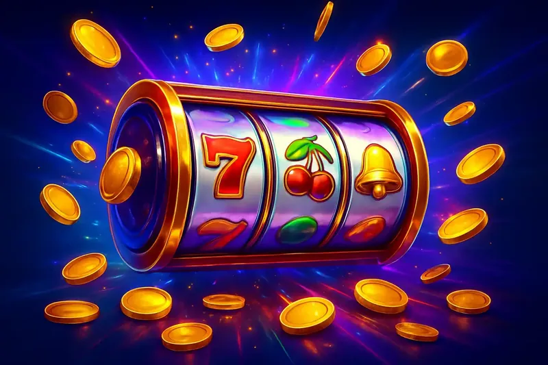 Explosive Slot Reels Colorful spinning slot machine reels with coins, sparkles, and neon casino glow